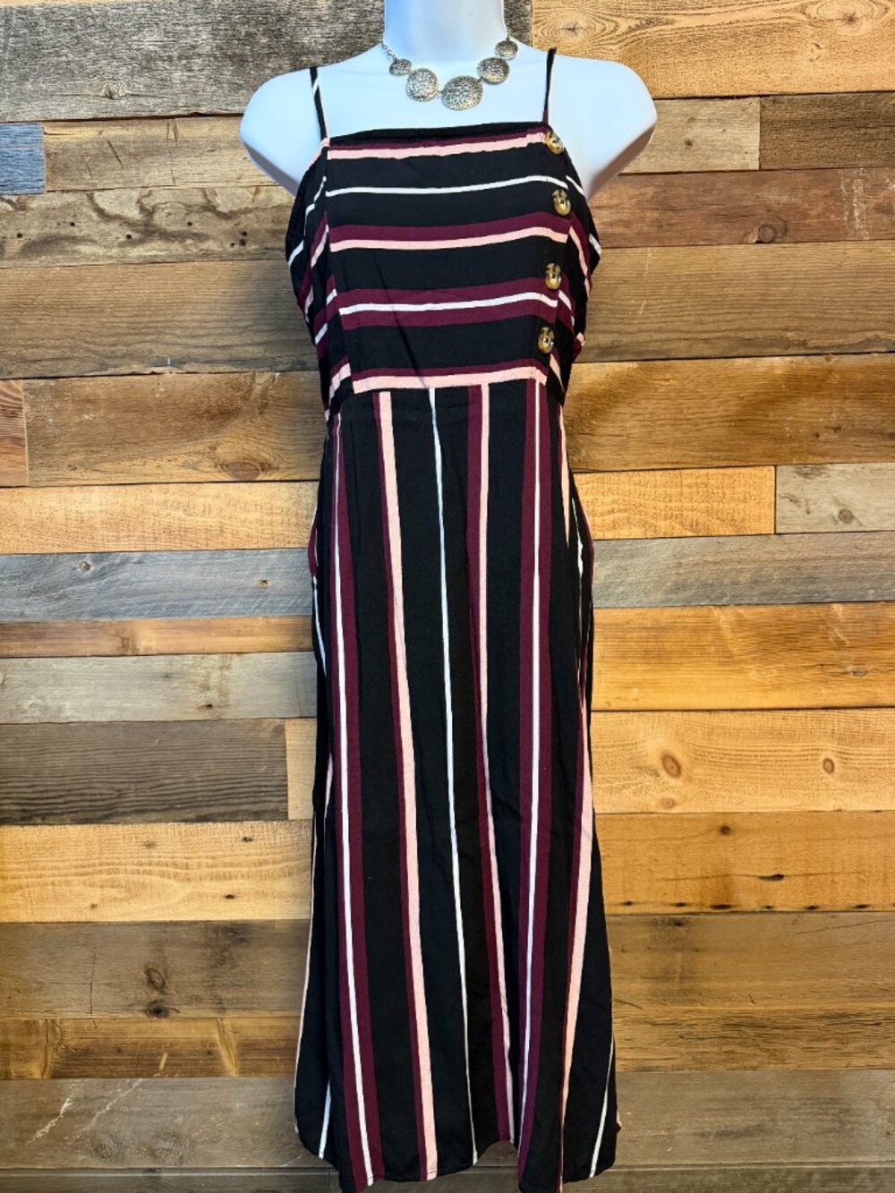 Xhilaration Striped Midi Dress Sz M Casual Chic Strappy Black Burgundy Pink